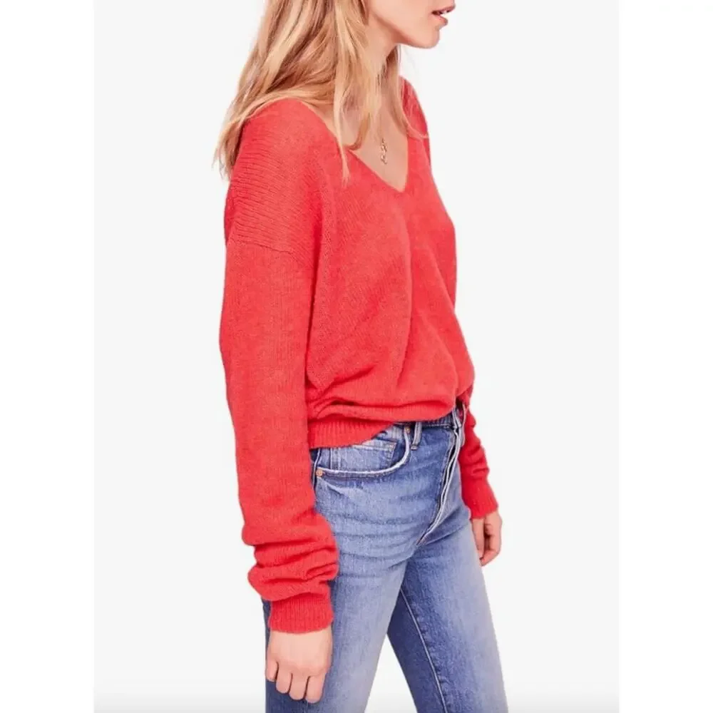 FREE PEOPLE Red Sweater Alpaca Gossamer Pullover V-Neck Size XS X-Small